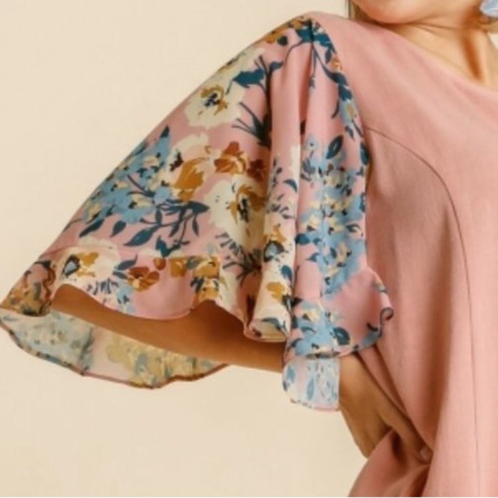 Umgee Floral Rose Mix Print Ruffle Short Sleeve Linen Blouse. NWT! Sz 1X - Picture 3 of 11
